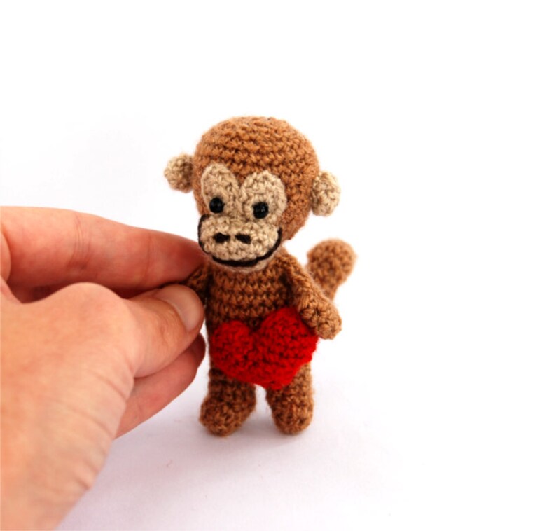 Miniature monkey doll with red heart tiny crocheted animal | Etsy