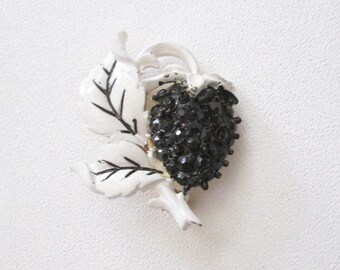 Enamel Berry Pin Black Rhinestone Brooch Small Black Berry Pin Mid Century 60s Brooch Black & White Pin