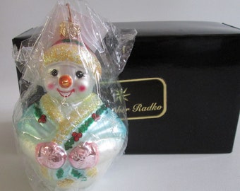 Christopher Radko Glass Ornament Jolly Wrap Junior Snowman Ornament New Old Stock With Original Box 1998 NOS