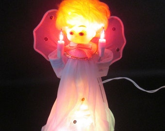 Vintage Angel Doll Tree Topper Christmas Topper Kitschy Big Eye Angel Doll Lights Up Blinking Multi Color Lights