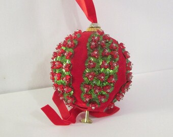 Vintage Handmade Ornament Beaded Musical Ball Velvet Ribbon Hanger Plays Jingle Bells 4" tall