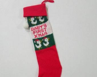 Baby's First Xmas Christmas Stocking Knit Stocking Ducks In Santa Hats Red Green Stocking 20" Long