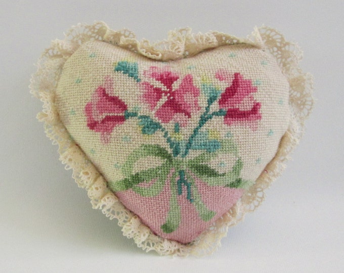 Vintage Finished Needlepoint Heart Shaped Pillow Roses Ribbon Etsy
