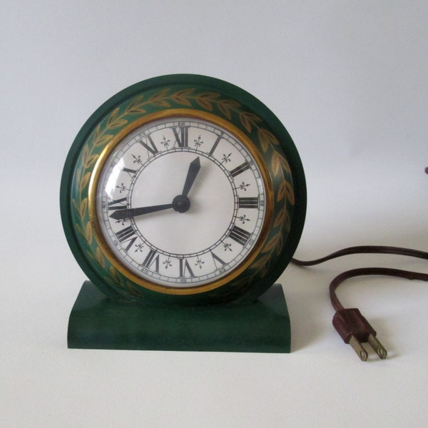 Toleware Clock Plastic Mantle Clock Hand Painted Leaf Design Roman Numeral Face Brass Trim  -Flaw-