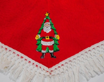 Christmas Tree Skirt Furry Vinyl Santa Fringe Trim Red White 60s Holiday Mid Century Decor Fun Fur 27"