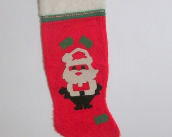 Santa Claus Felt Christmas Stocking Mid Century Holiday Decor Red Fun Fur Stocking Ho Ho Ho