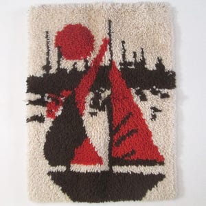 Vintage Finished Latch Hook Rug 70s Nautical Sailboat Sunset Wall Hanging