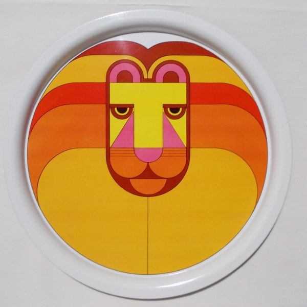 Simel Spain Lion Metal Tray Vintage Bold Bright Colors 70's Style 13"