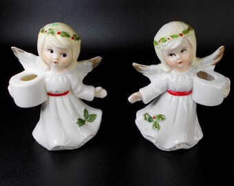 Christmas Angel Candle Holders Girl Figurine Ceramic Pair Josef Candlestick Mid Century Holiday Decor