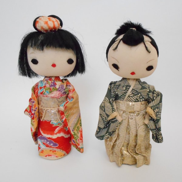 Vintage Japanese Cloth Dolls Samurai Kimono Geisha Lady Souvenir Dolls 6" Tall Lot Of 2 Art Dolls