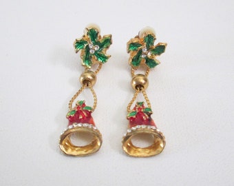 Vintage Clip On Earrings Poinsettia Bell Christmas Earrings Red And Green Dangles With Rhinestones Holiday Jewelry