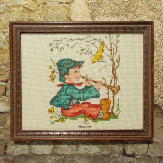Hummel Boy With Flute Horn Finished Cross Stitch Wood Frame Image 0