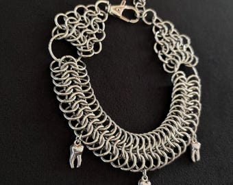 Chainmail Choker: Stainless Steel Tooth Charm Necklace, Macabre Goth Jewelry
