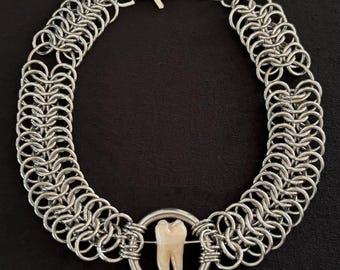 Chainmail Necklace: Stainless Steel Tooth Sculpture, Macabre Jewelry