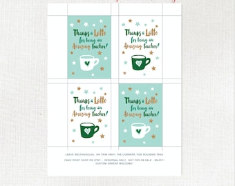 Thanks a Latte teacher tag, printable teacher gift tag, Teacher Coffee card gift tag, Teacher appreciation printable tag, coffee gift tag