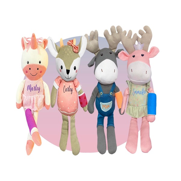 Broken Arm Gift - Choose Cast Location and Color!  Personalized Broken Bone Unicorn, Deer, Moose-Get Well-20" Tall Broken Arm Stuffed Animal
