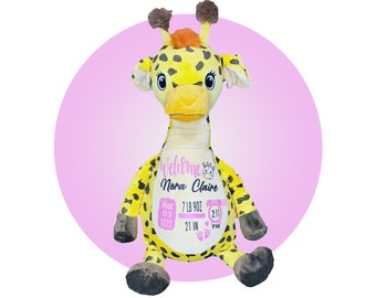 Personalized Birth Stats Gifts - Giraffe Stuffed Animal - Gift Wrapped Free - Birth Stats Newborn Present - Boy/Girl - Baby Shower Gift