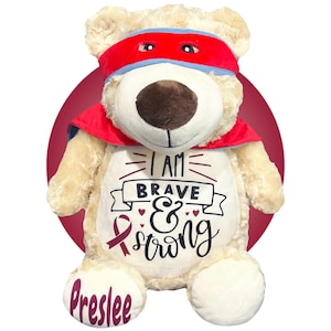 Childhood Cancer Gifts - Personalized Cancer Teddy Bear, Different Colors Available, Cancer Awareness Gift, Get Well Soon, Leukemia Presents Maroon