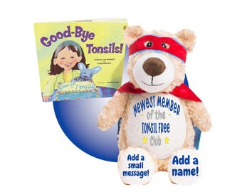 Tonsillectomy Gift Bundle - Personalized 17&quot; Tonsillectomy Plush & Book Bundle - Gift Package For Getting Tonsils Out - Gift Tonsil Surgery