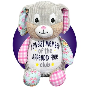 May include: A plush bunny rabbit with gray corduroy fur, floral print ears and paws, and a tan muzzle. The bunny has the text "Newest Member of the Appendix Free Club" on its chest.