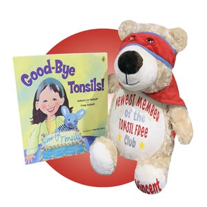 Paquete de regalo para amigdalectomía: peluche y libro personalizado de 43 cm para amigdalectomía. Paquete de regalo para extirpar las amígdalas. Cirugía de amígdalas.