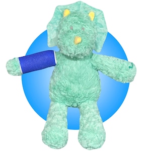 May include: A plush, mint green triceratops toy with a blue cast on its left arm. The toy has yellow accents on its frill and nose. The background features a blue gradient circle.