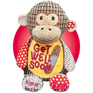 May include: A plush monkey with a textured brown body, red and white polka dot accents, and a yellow bib that says "Get Well Soon." The monkey has a smiling face and is designed to comfort.