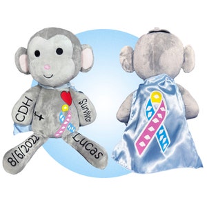 May include: A gray plush monkey wearing a blue cape with a pink and blue ribbon printed on it. The monkey has a red heart and the words "I  Survivor" printed on its chest. The words "CDH 8/6/2022 Lucas" are printed on its arms and legs.