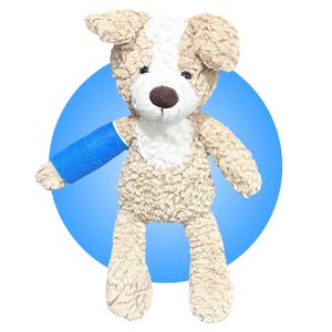 Può includere: Un cane di peluche con pelliccia beige testurizzata, una macchia bianca sul petto e un naso marrone scuro. Il peluche presenta un gesso blu brillante avvolto attorno alla zampa anteriore destra, in contrasto con il tessuto morbido e riccio.