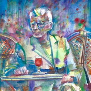 SAMUEL BECKETT assis au café - portrait à l&#39;aquarelle - AFFICHE - différentes tailles disponibles ! impression d&#39;art
