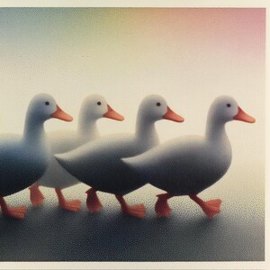 May include: A digital illustration of five ducks walking in a line. The ducks have white and blue bodies, orange beaks and feet, and are set against a soft, gradient background of pastel colours. The image has a textured, dotted appearance.