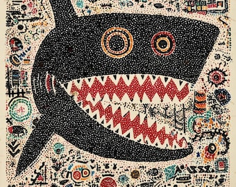サメのインク画ポスター、海洋アートプリント - Etsy 日本