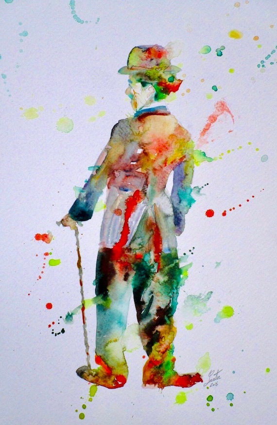 チャップリンと子供のアートプリント チャーリー・チャップリンのカラー写真、キッド、面白いポスター