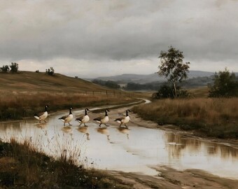 Moody Geese Crossing a Road Poster, Vintage Farmhouse Decor, Dark Cottagecore Print, Antique Animal Painting, Country Road Wall Art