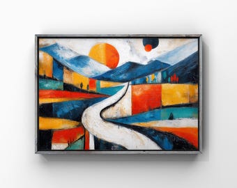 Colorful Abstract Landscape Poster Print, Stylized Countryside Wall Art