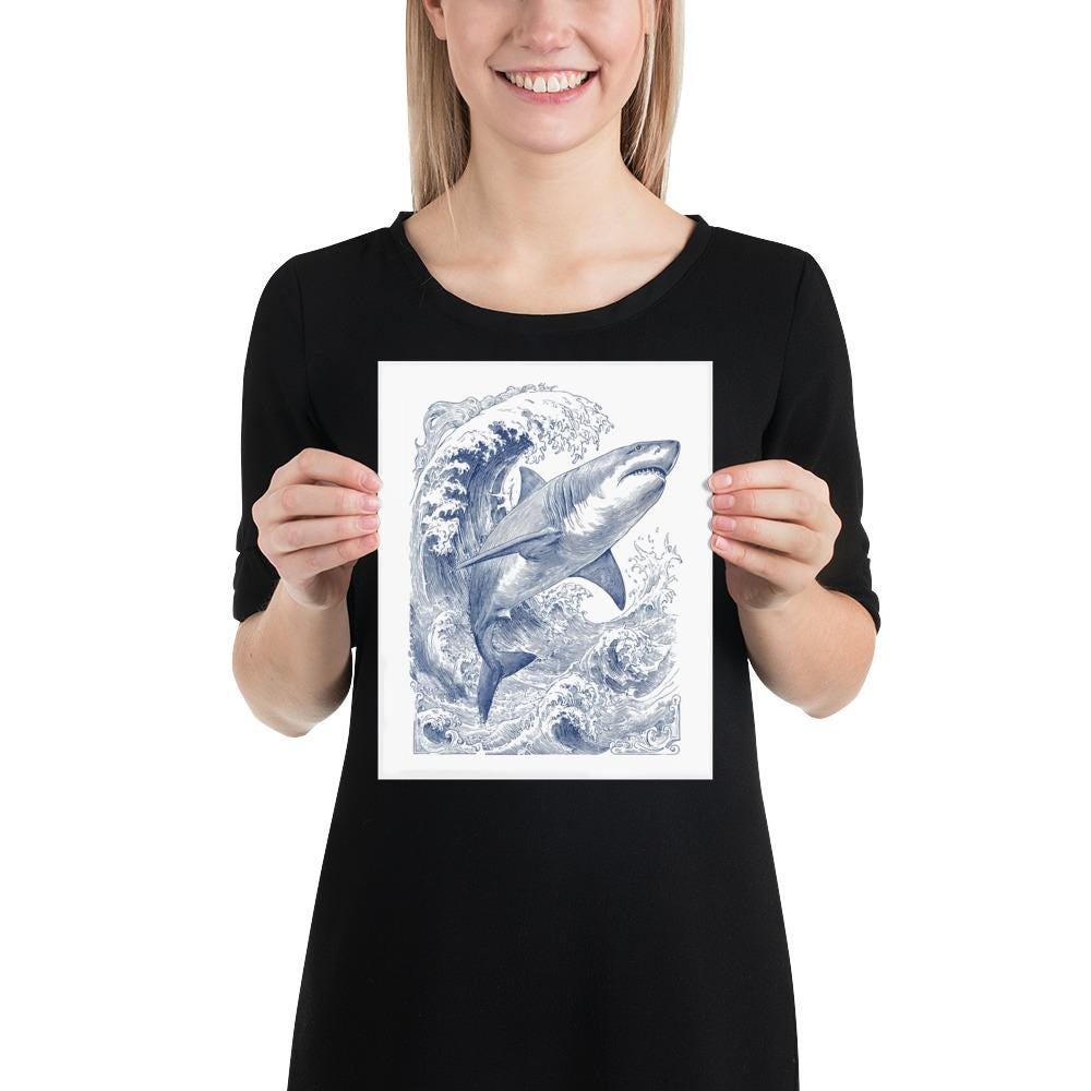 サメのインク画ポスター、海洋アートプリント - Etsy 日本