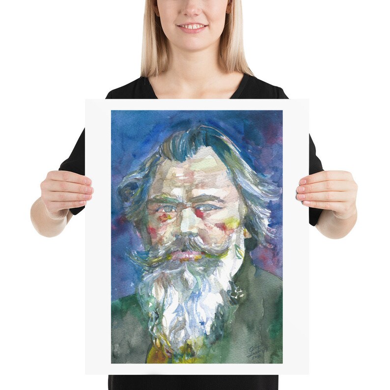 May include: Watercolor painting of a man with a long white beard and mustache. He is wearing a dark green jacket and has a serious expression on his face. The background is a blue and purple watercolor wash.