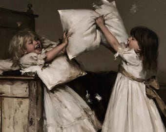 Vintage Pillow Fight Poster, Antique Children Oil Painting Print, Playful Bedroom Wall Art, Moody Canvas Print, Academic Fine Art Decor