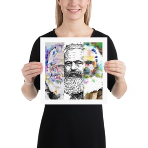 May include: A watercolor painting of three men with beards. The men are depicted in black and white line art, with watercolor washes in shades of blue, purple, green, and yellow behind them.
