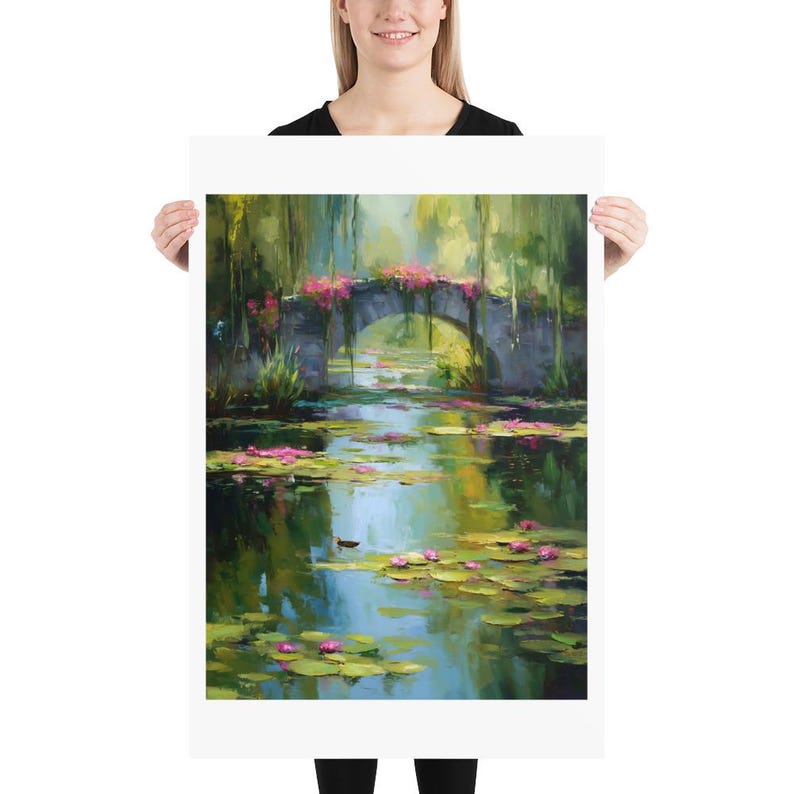 Stone Bridge Garden Poster, Lily Pads, Floral Landscape Art Print - Etsy