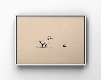 Cute Duck with Golf Ball Ink Sketch, Minimalist Animal Sports Art Poster, Whimsical Golfing Duckling Wall Decor Painting, Digital Download