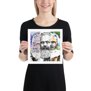 May include: A watercolor painting of three men with beards. The men are depicted in a collage style, with their faces overlapping. The painting is done in a variety of colors, including blue, green, red, and yellow.