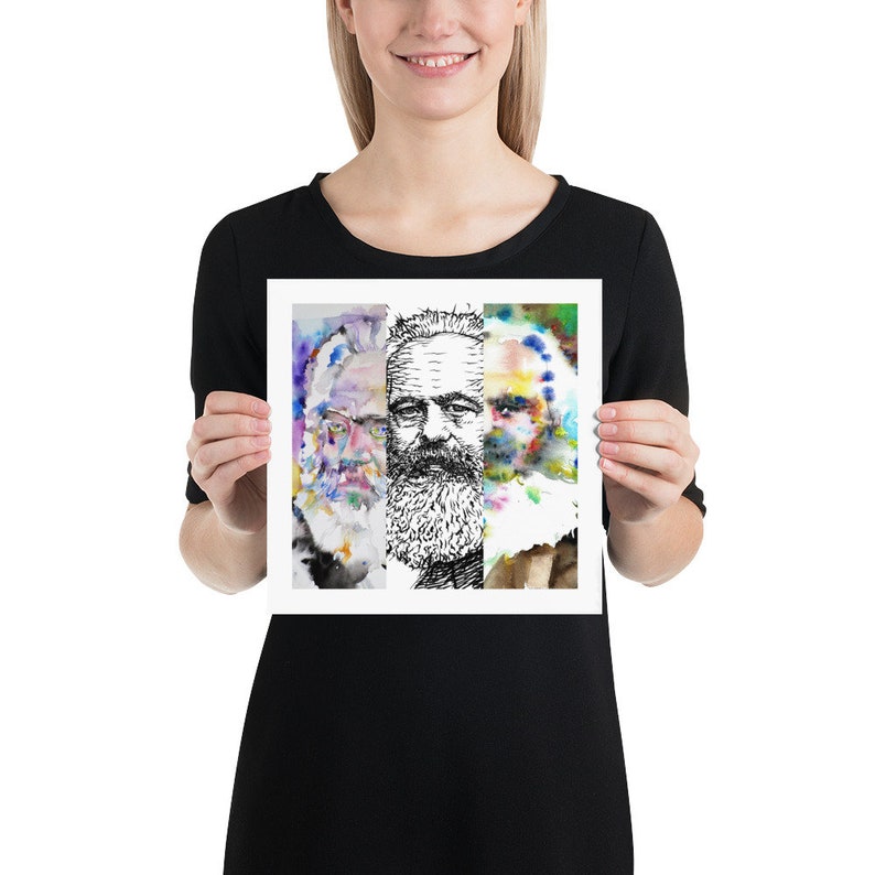 May include: A watercolor painting of three men with beards. The men are depicted in a collage style, with their faces overlapping. The painting is done in a variety of colors, including blue, green, red, and yellow.