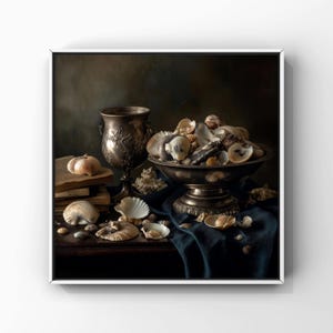 Może przedstawiać: Martwa natura przedstawiająca srebrny kielich i dużą misę pełną muszli. Misa stoi na ciemnoniebieskiej tkaninie, otoczona przez więcej muszli, koralowców i stos książek. Scena osadzona na ciemnym tle.