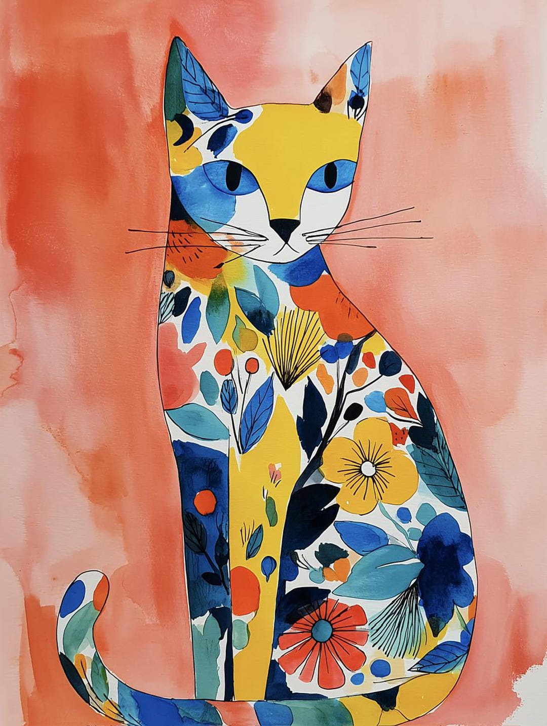 Colorful Floral Cat Art Print, Whimsical Animal Nursery Wall Decor, Cat ...
