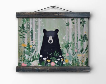 Whimsical Black Bear Poster, Cute Bear Nursery Wall Art, Magical Forest Animal print, Digital Download, Fairy Tale Wildflower Painting