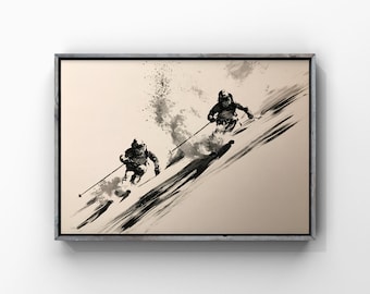 Two Ink Skiers Wall Decor, Skiing Art Print, Winter Sports Poster, Dynamic Mountain Painting, Ski Print, Minimalist skier, Digital Download
