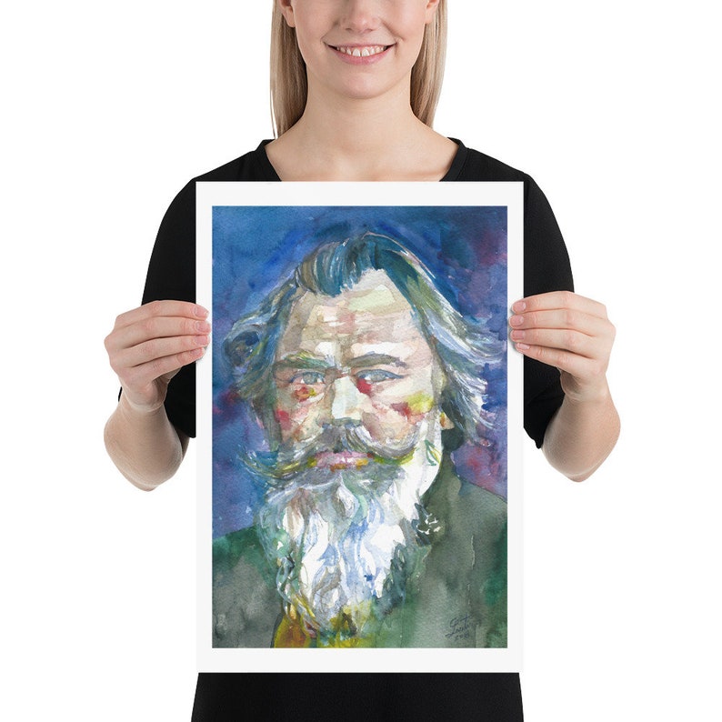 May include: Watercolor painting of a man with a long white beard and mustache. He is wearing a dark green jacket and has a blue background.