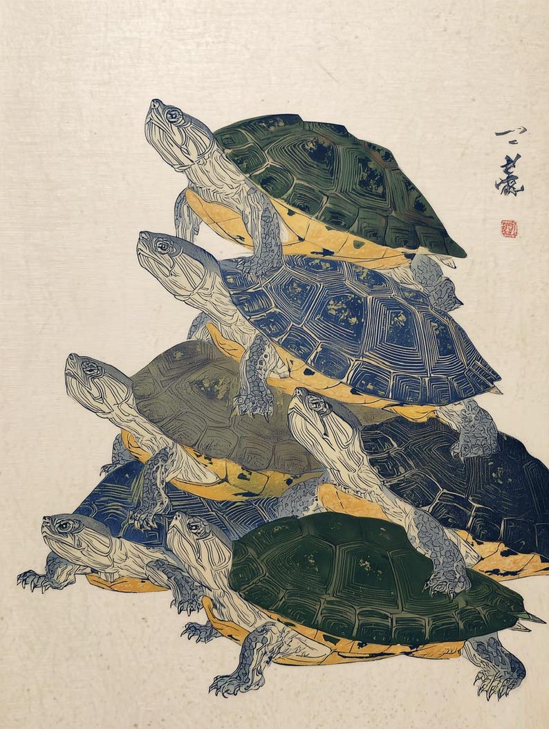 Stacked Turtles Japanese Art Print, Turtle Tower Illustration (digital ...