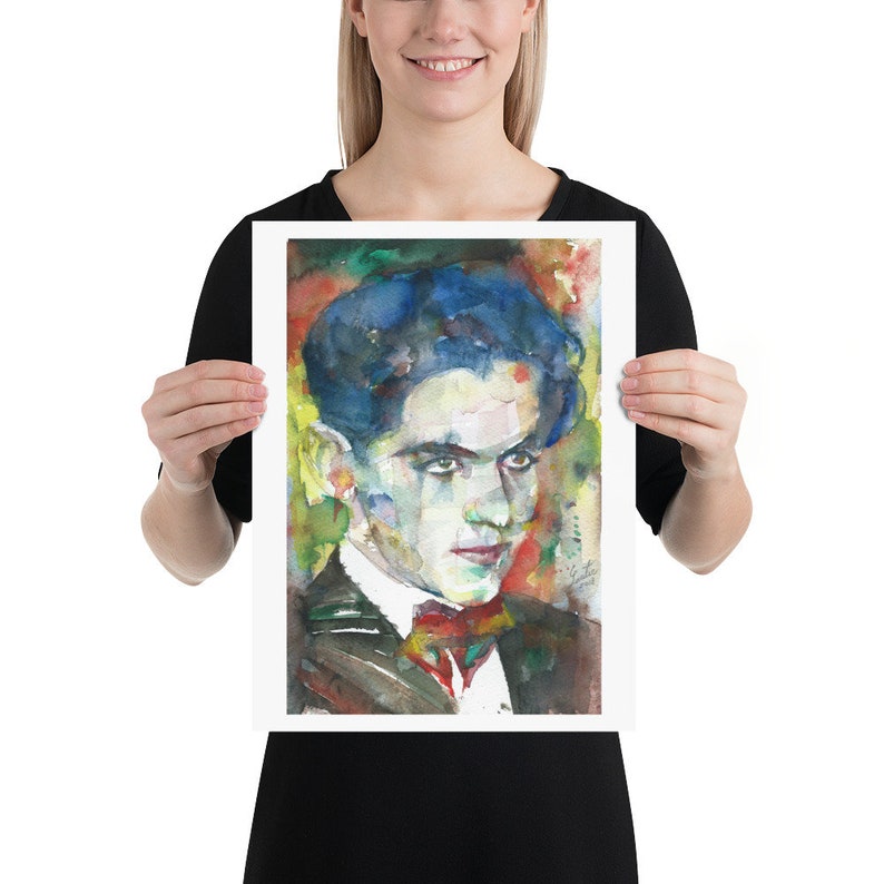 May include: Watercolour painting of a man with dark blue hair, wearing a white shirt with a red bow tie. The painting is done in a colourful style with shades of blue, green, yellow, red, and orange.